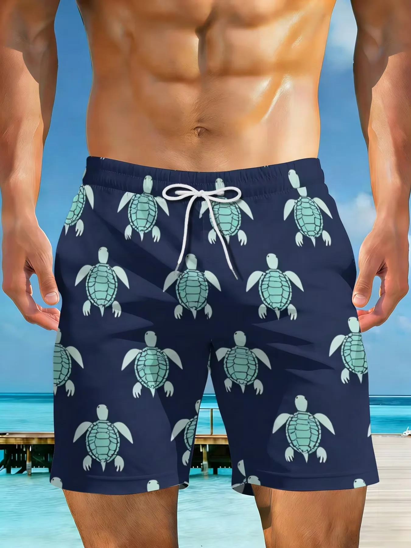 

2026 Summer New Styles Turtle Pattern On Navy Background Plus Size Men's Casual Beach Shorts Suitable For Summer Outings And Beach Vacations Surfing And Relaxation Activities