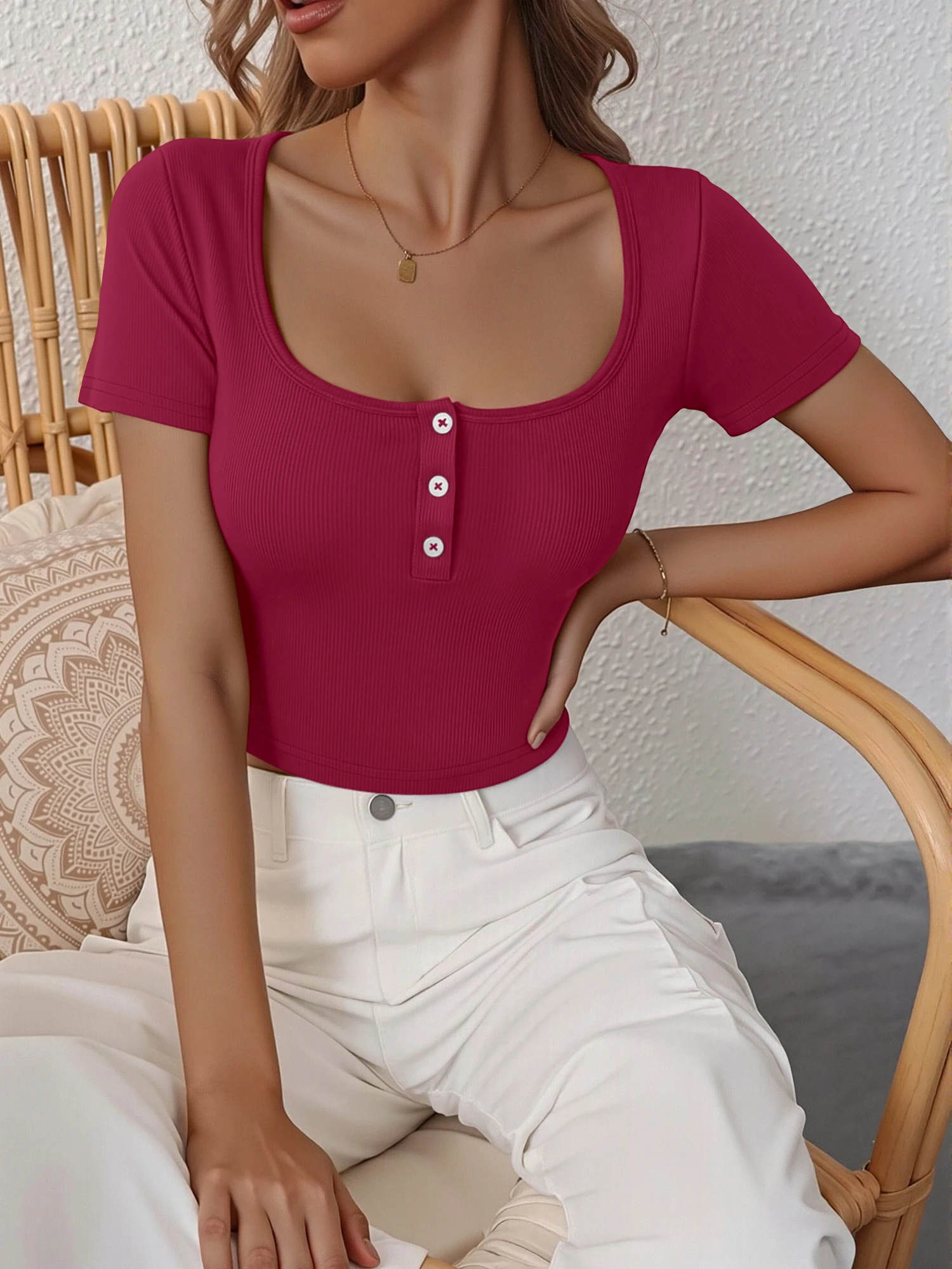 2026 New Arrival Ins Viral Women Ribbed Knit Cropped Top U‑Shape Neck Button Placket Slim Short Sleeve Y2K Aesthetic Street Tee