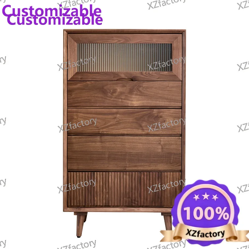 Factory Direct 2026 Top RatedBlack walnut chest of drawers, living room TV side cabinet, modern simple Japanese-style solid wood