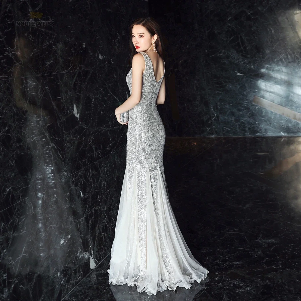 Sexy Prom Dresses Floor-Length In Stock Flexible Sequin V-Neck Mermaid Evening Dresses With Belt Customized