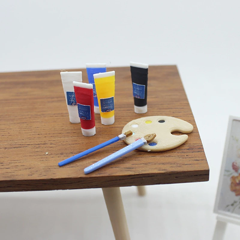Mini paleta de pinceles de pintura con tubo de pigmento para casa de muñecas, modelo de casa de muñecas, suministros de arte para sala de dibujo, decoración, accesorios para casa de muñecas, 1/12