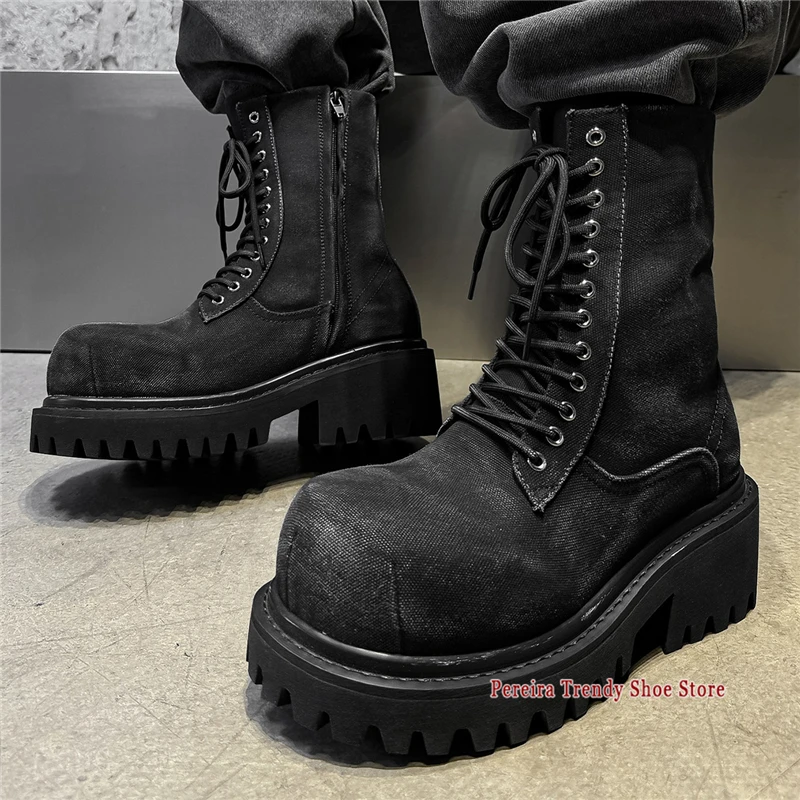Retro Black Denim Thick Soled Motorcycle Boots for Men Fashion Designer Height Increase High Top Boots Large Size Men's Shoes