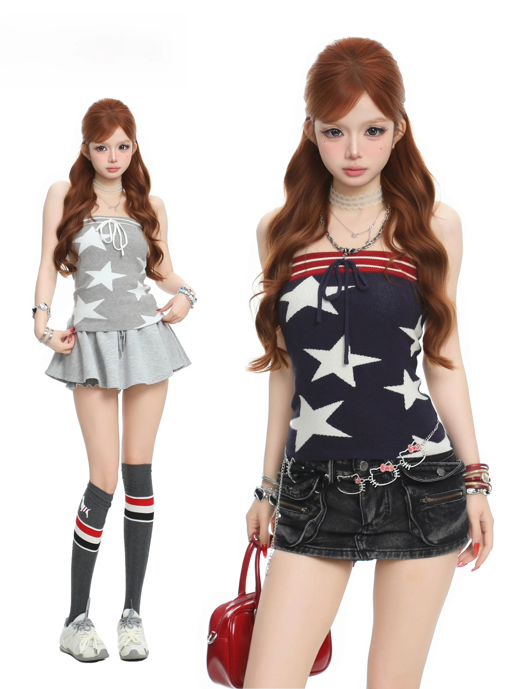 BASTERDS American Style Sexy Girl Embroidered Crop Top Women's Slim Fit Short Shirt Star Pattern Summer Wear Casual Outerwear