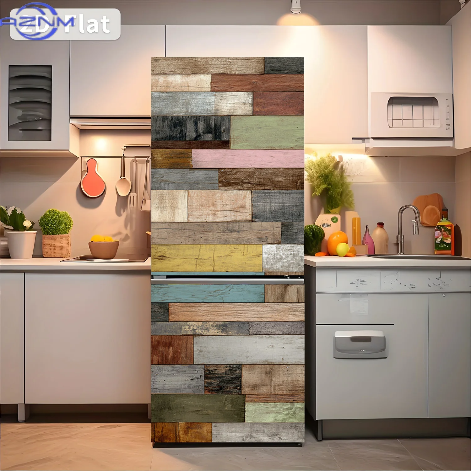 2D Flat Printing 1pc Refrigerator Sticker  Colorful Wood Plank Patchwork Themed Design Self-Adhesive Wall Decal Wallpaper Suit