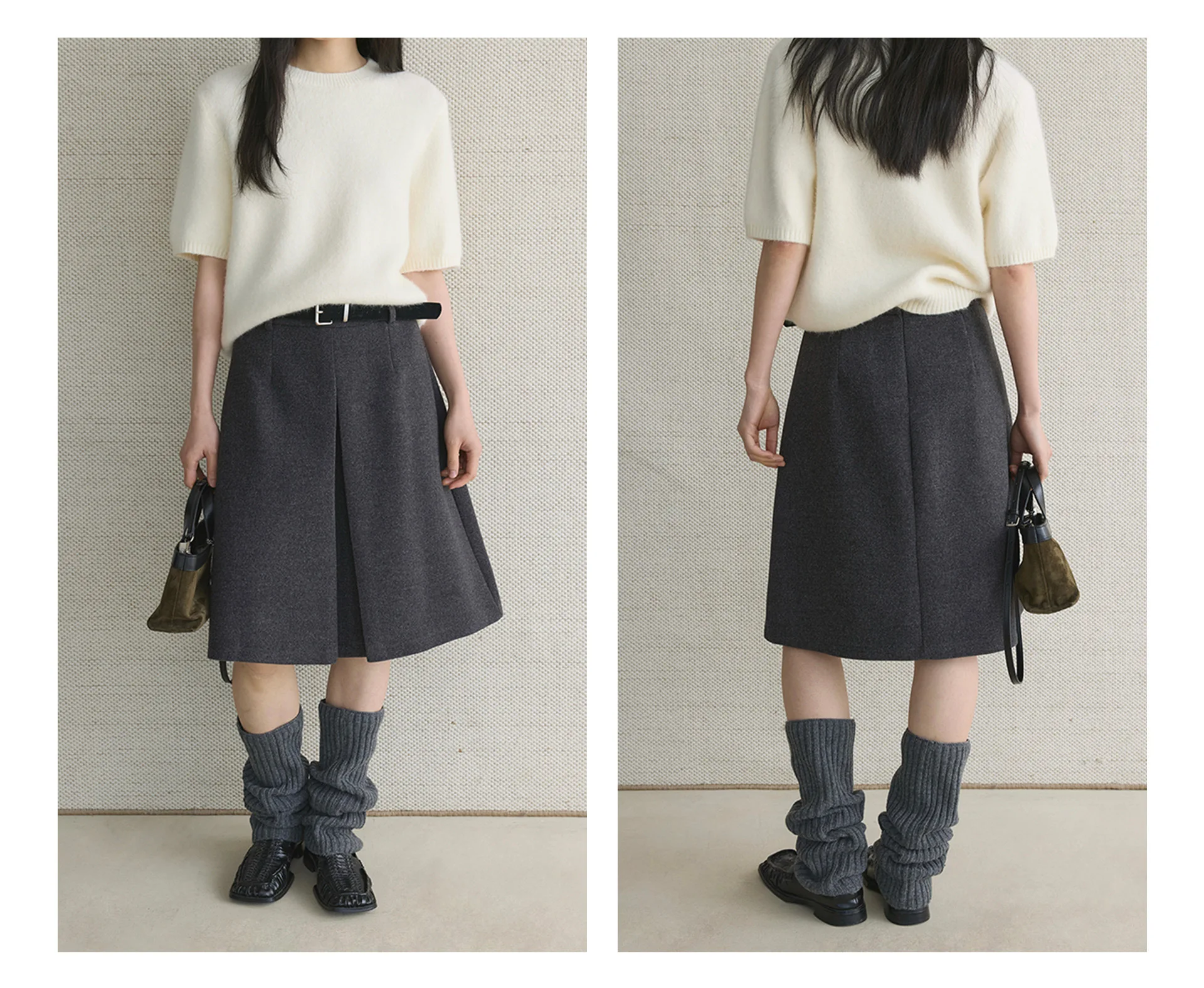 冬のレトロプリーツベルト付きウールAラインミディ丈エレガントでおしゃれなレディーススカート