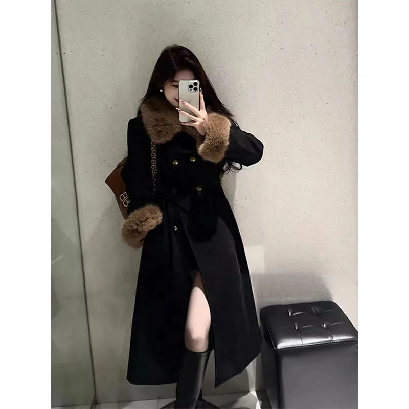 

2024 Autumn/Winter New Korean Fashion and Elegance Plush Collar Thickened Mid length Woolen Coat for Women