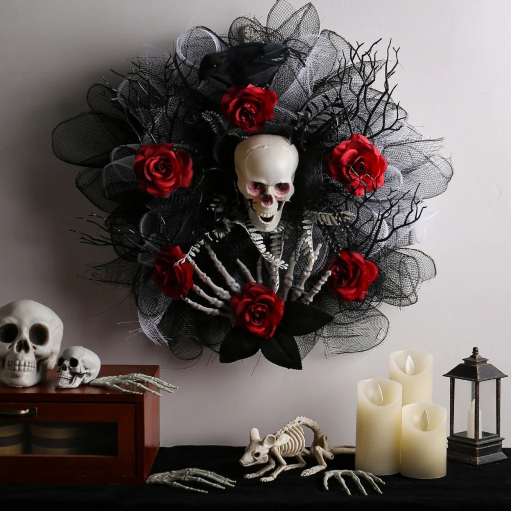 

Halloween Skull Rose Wreath Home Horror Atmosphere Decoration Mesh Branch Door Hanging Wreath Halloween Props Party Supplies