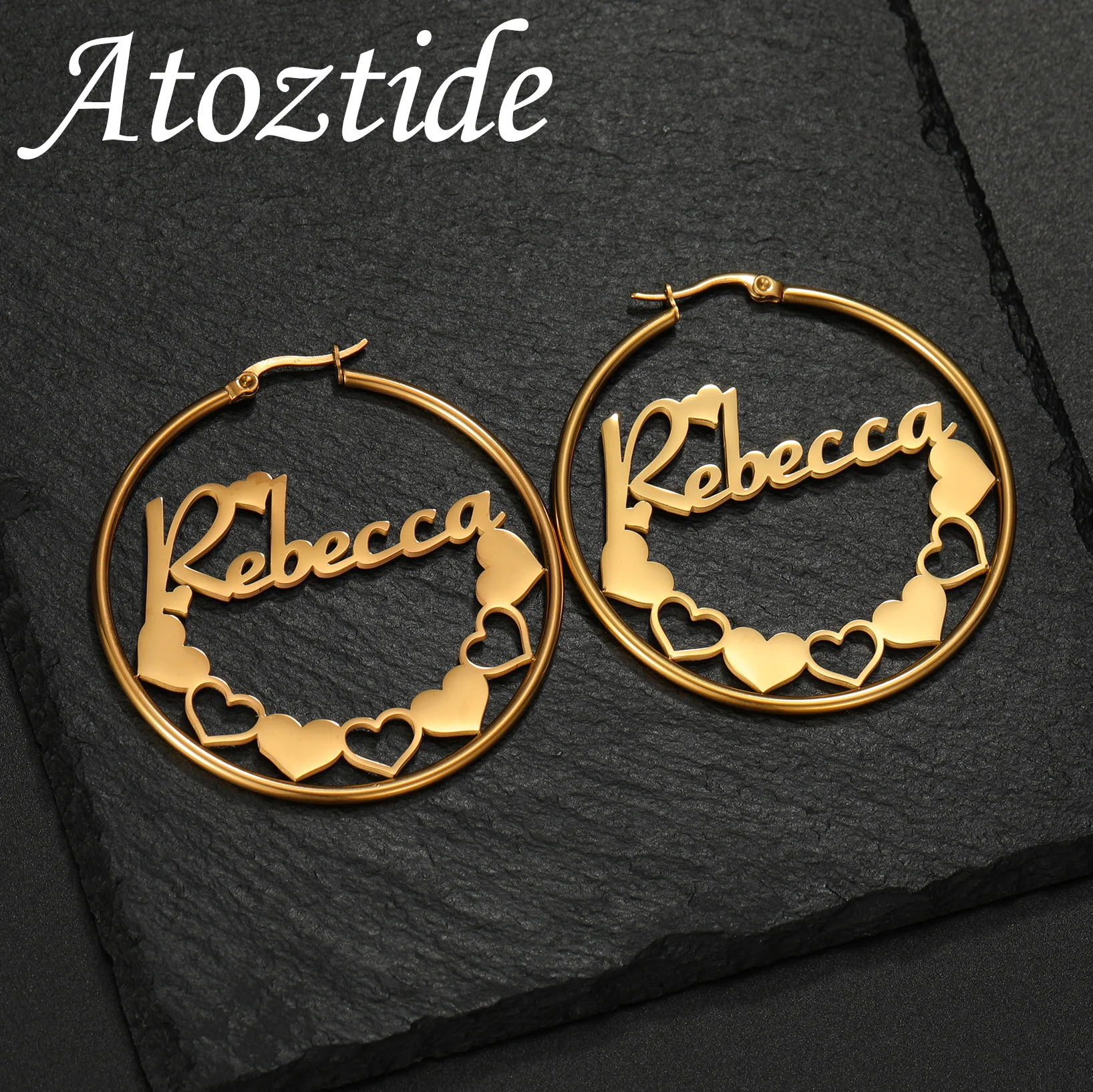 Atoztide Custom Name Hoop Earrings for Women Bottom Heart Stainless Steel Jewelry Letter Nameplate Personalized Christmas Gift