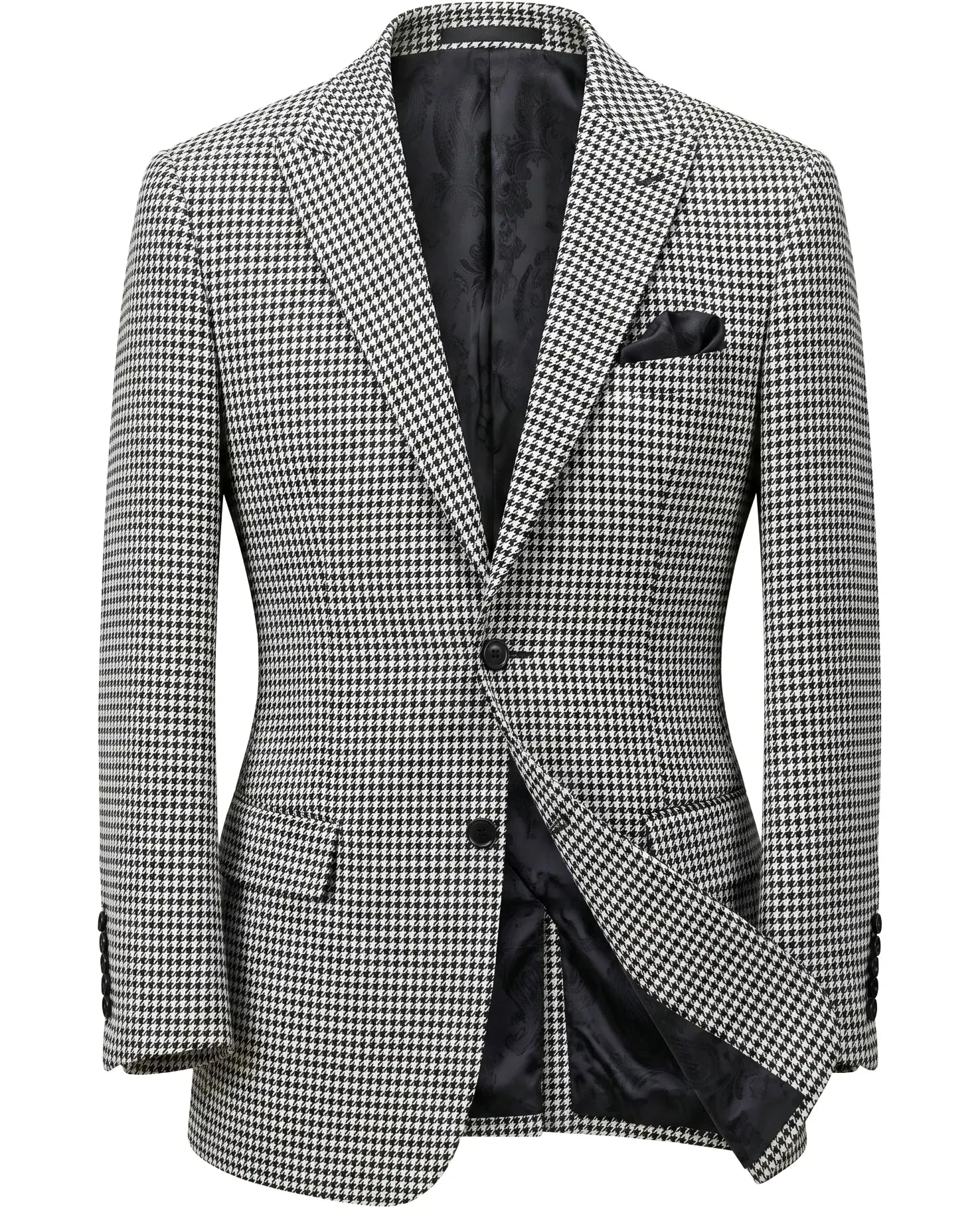 Classic Black White Houndstooth Tweed Blazer with Black Pocket Square and Notch Lapel Men Autumn Vintage Customized M265970