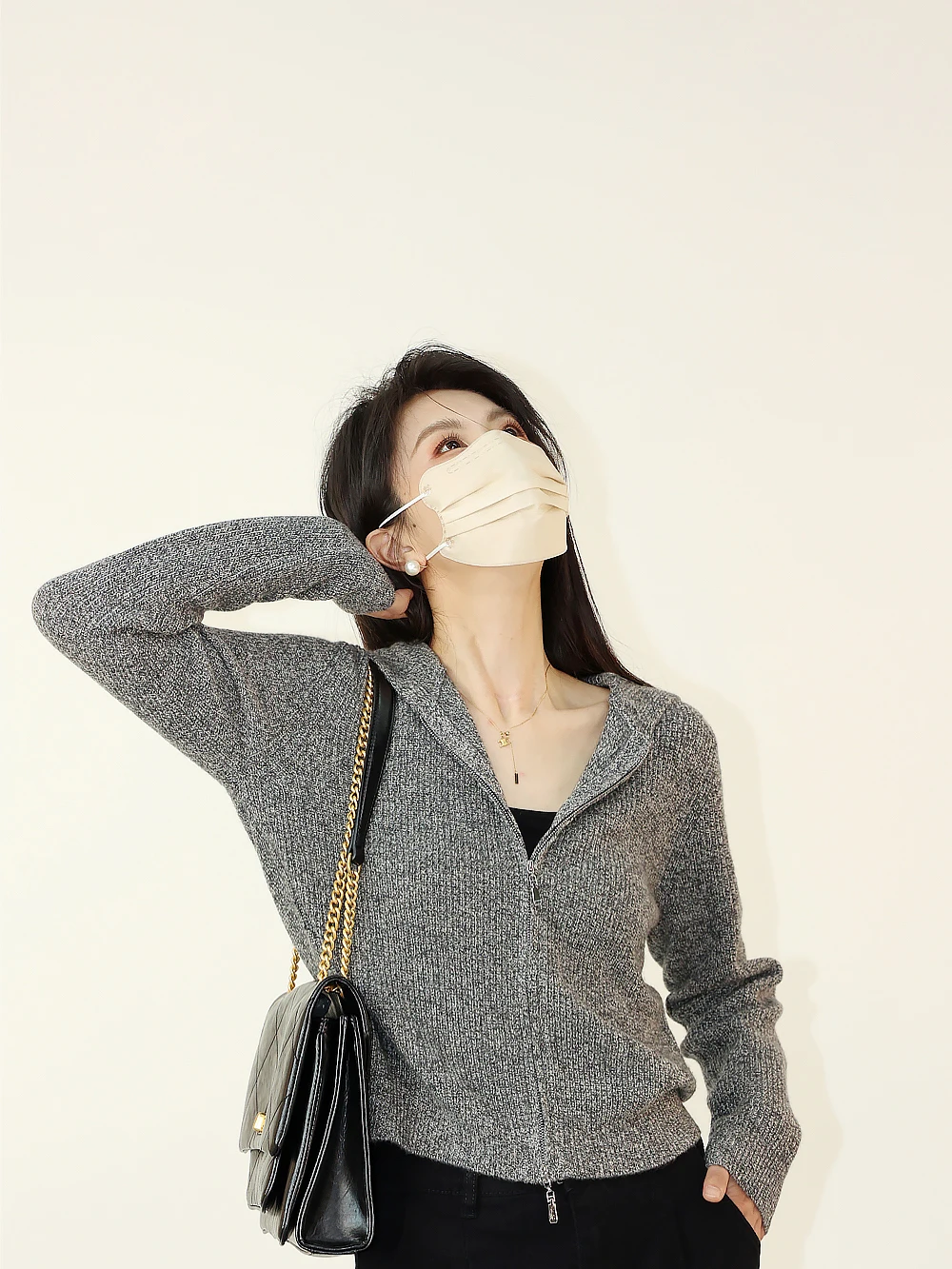 

Женский шерстяной кардиган FuwerStudio Bla Label с молнией, в полоску, вязаный, с длинными рукавами, для повседневной носки, с дизайнерской шапкой