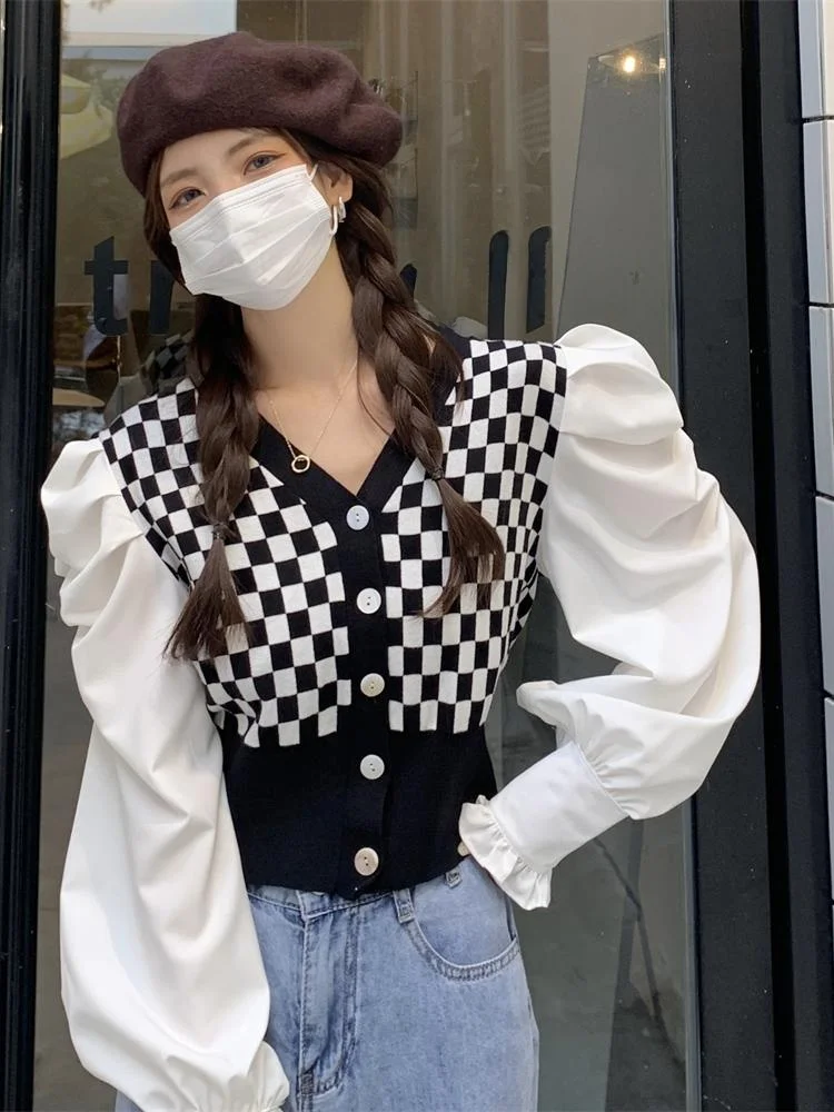 

Vintage Knitted Long Sleeve Shirt Women's Spring Fashion Color Block Plaid Bubble Sleeve Top Ultra Short Length Lace Snowflake