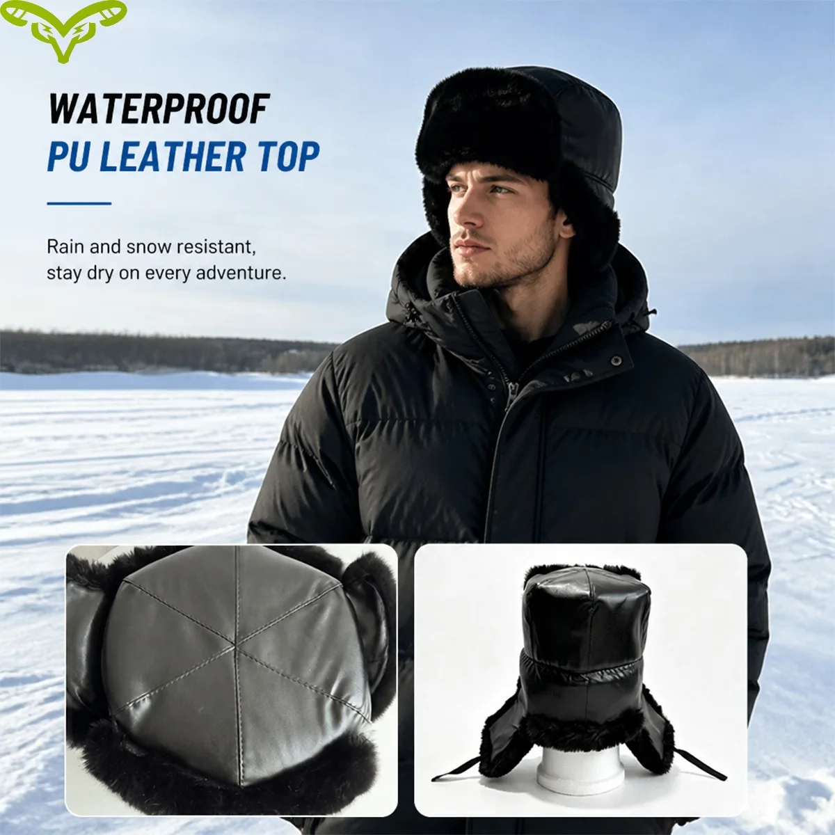 Men Winter Hat Black Furry Lined Ear Protection Windproof Cold Prevention Thickened Thermal Outdoor Cycling Snow Ski Cap