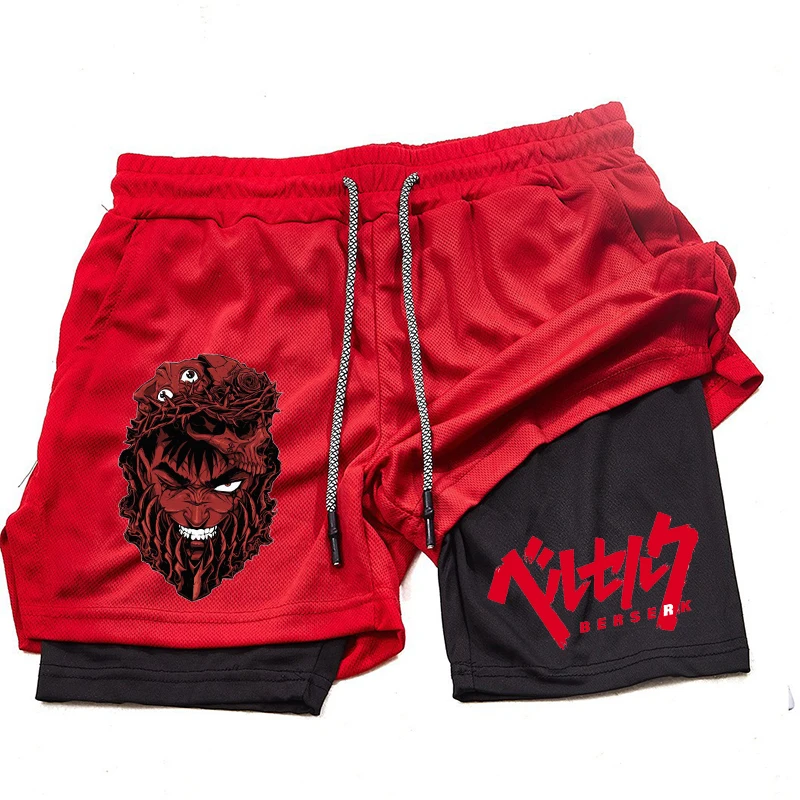 Anime Berserk Double Layer Fitness Shorts Men Fitness Training 2 in 1 Sports Shorts Quick Dry Workout Jogging Double Deck Summer