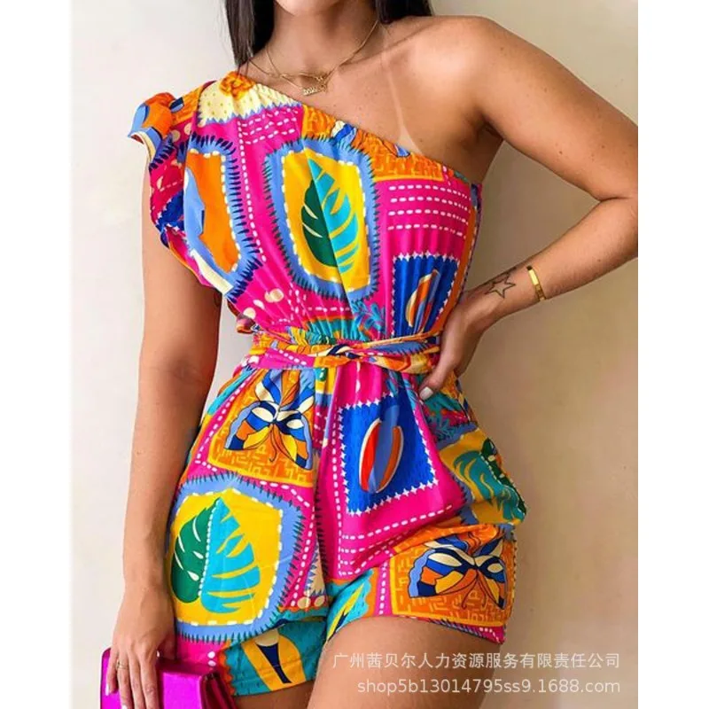 

Wepbel Y2K Tube Top Printed Jumpsuit Women Sleeveless Sexy Summer Beach Wear Jumpsuits Rompers Short Pants One Shoulder Playsuit