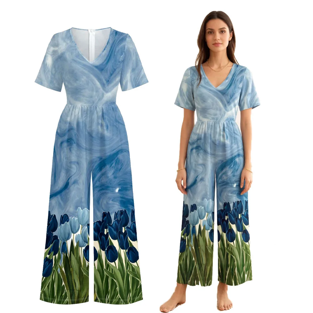 

Новые модные женские комбинезоны с широкими штанинами и принтом тюльпанов, с коротким рукавом | Синий градиентный комбинезон, элегантный повседневный наряд для весны и лета, женский.