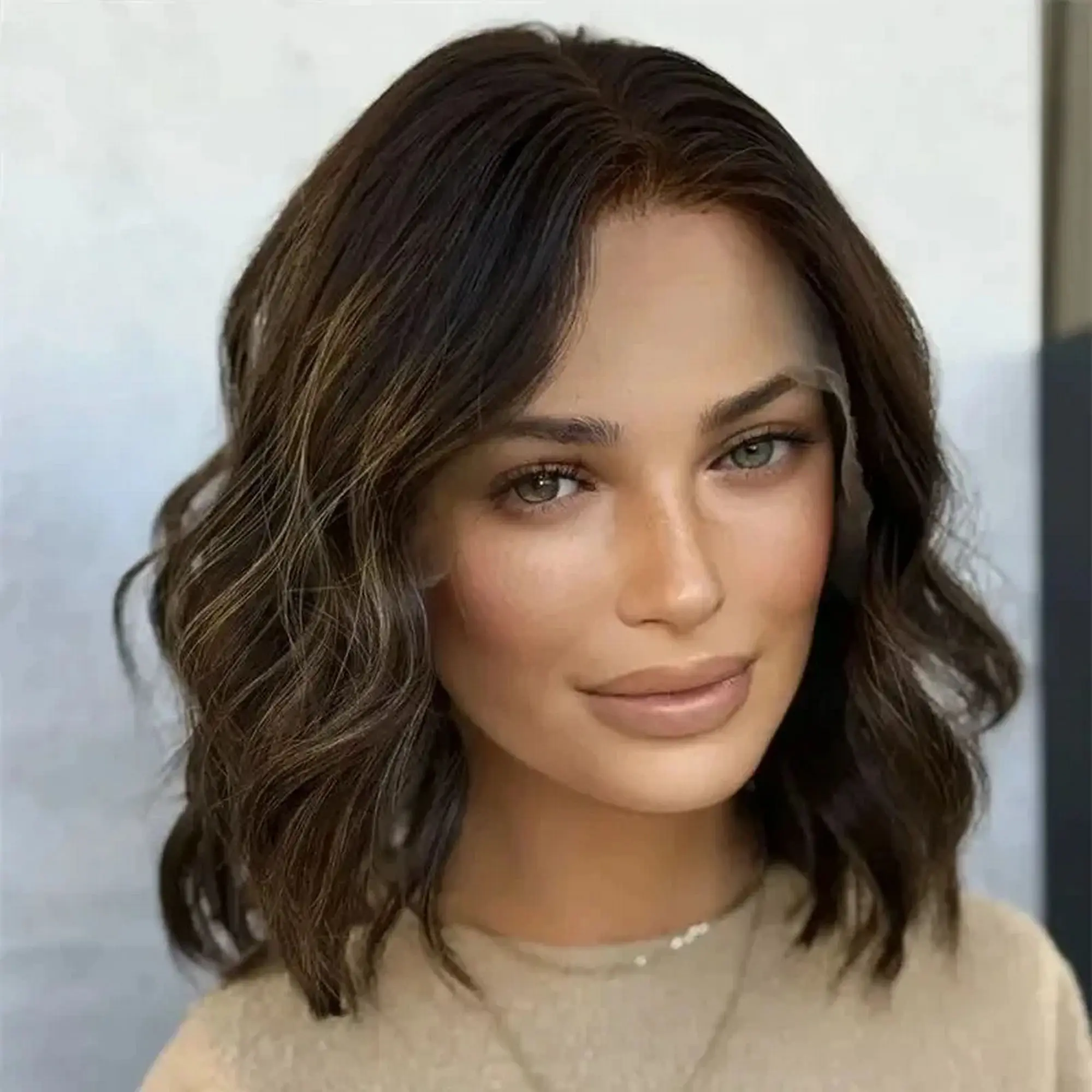 

Ombre Chestnut Brown Blonde Highlights Luxury Bob Lace Top Wig for Women Realistic Natural Hairline Lace Front Wig On Clearance