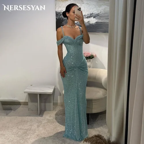 Nersesyan Teal vestidos de noche de sirena con purpurina de lujo lentejuelas tirantes finos vestido Formal brillante vestidos de fiesta para mujer personalizados