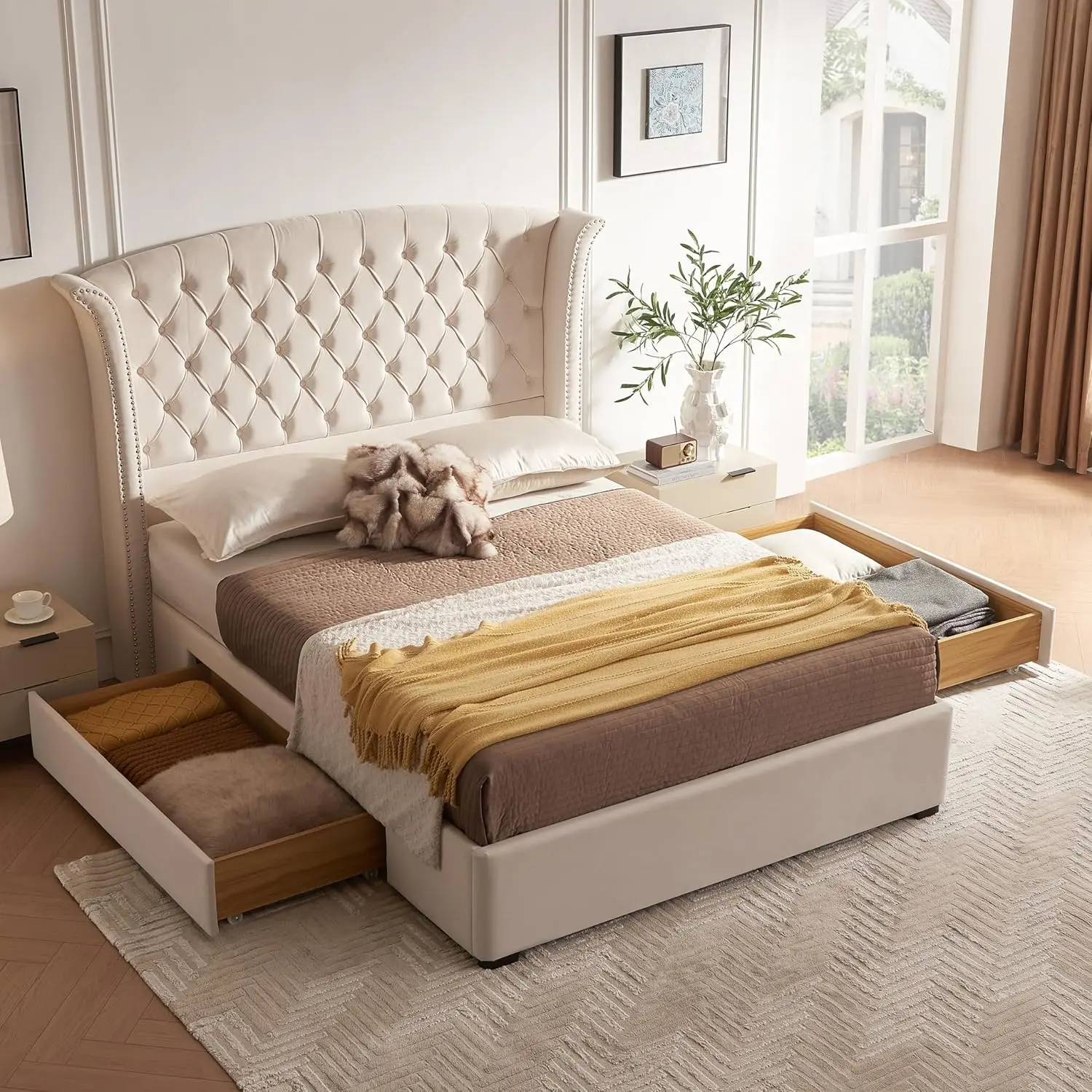 

Upholstered Queen Size Bed Frame with 2 Storage Drawers, Button Tufted Wingback Headboard, Heavy Duty Mattress, Custom