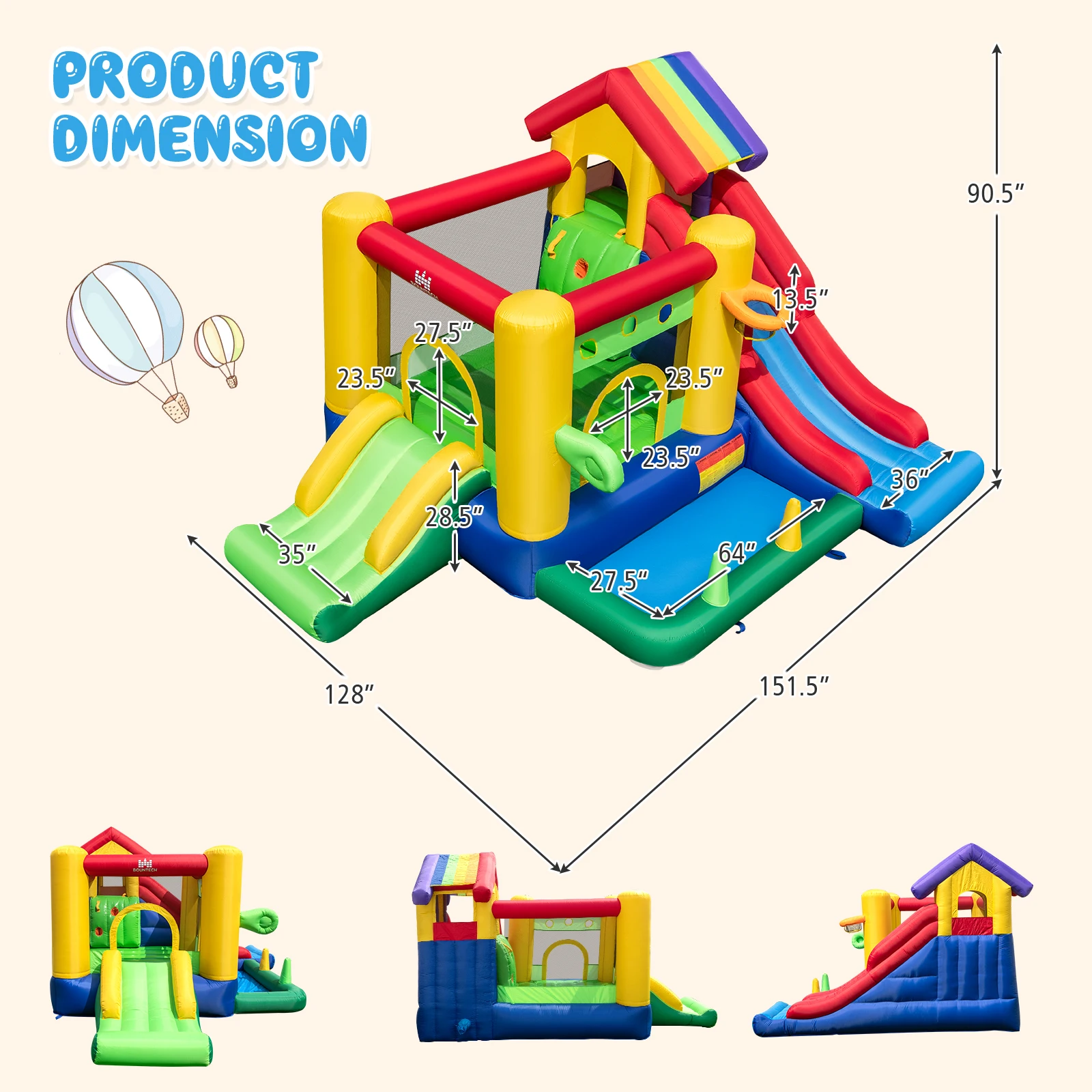 Castillo de rebote inflable para niños, arcoíris colorido con 50 bolas oceánicas y soplador de 735w