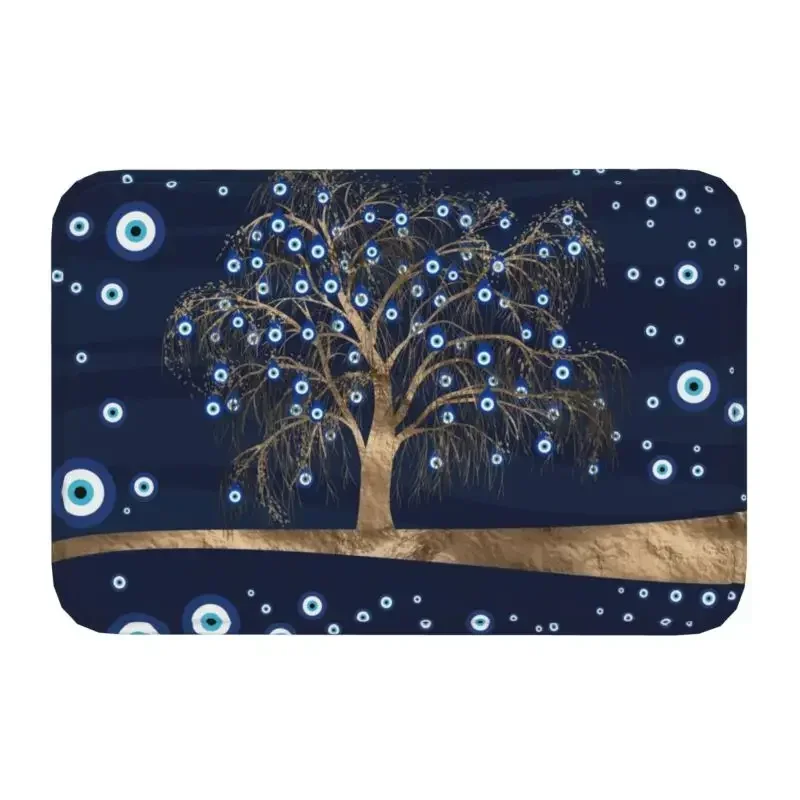 Charm Tree Gold On Dark Blue Front Door Mat Outdoor Absorbent Amulet Nazar Evil Eye Doormat Kitchen Balcony Entrance Rug Carpet