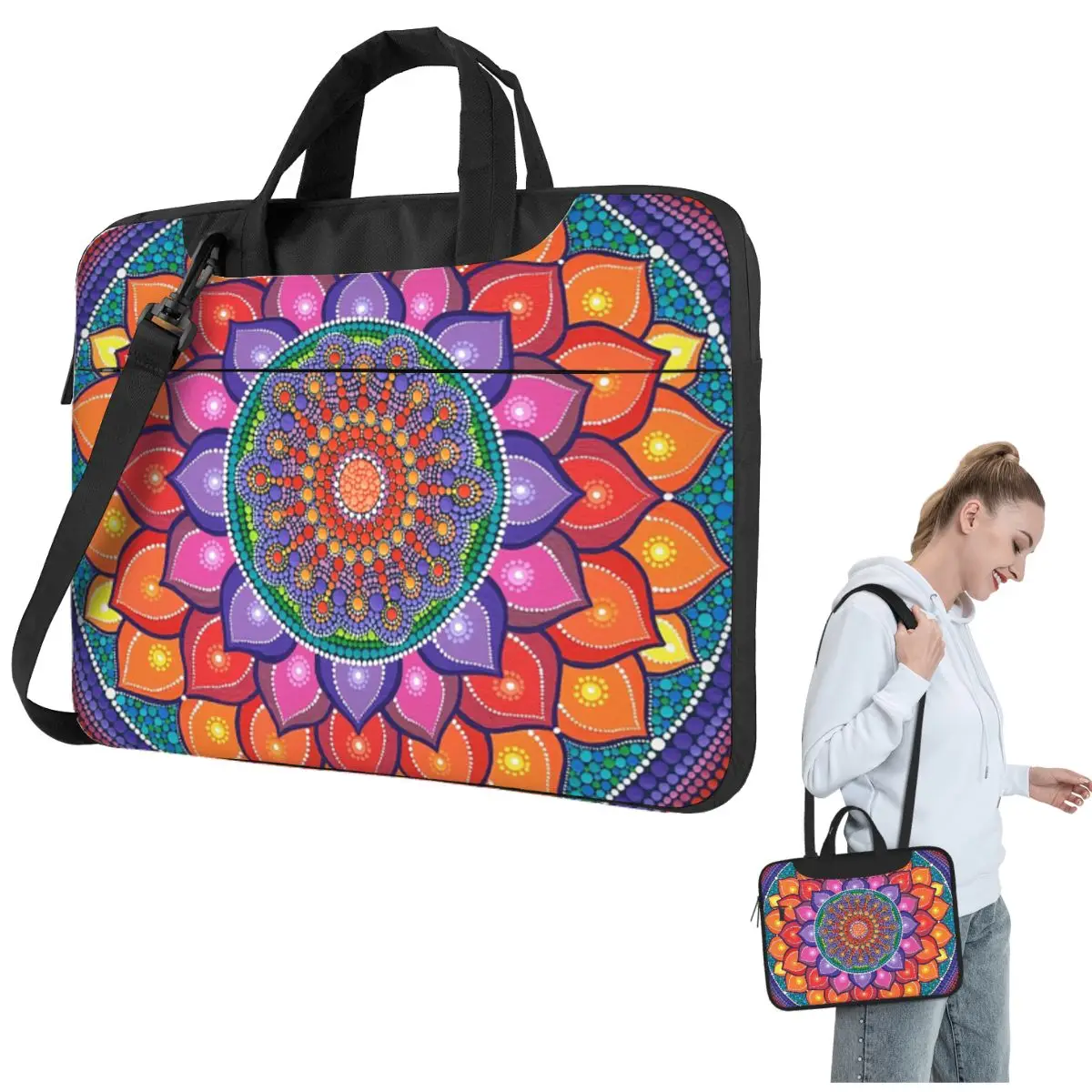 

Lotus Rainbow Mandala Crossbody Laptop Bag Case Computer Bag Resistant Protective Notebook Pouch for Macbook Pro