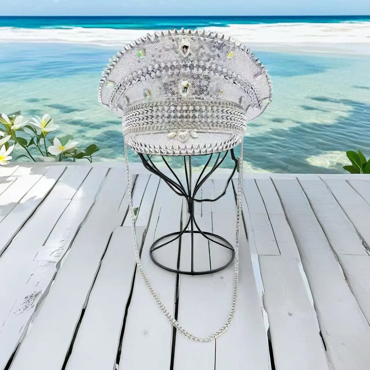 HongLuan قبعة كابتن بحلقة جلدية بالليزر الأصفر من حجر الراين وقبعات عسكرية للمرأة، وإكسسوارات المهرجانات الهذيان وقبعة الحفلات للرجال