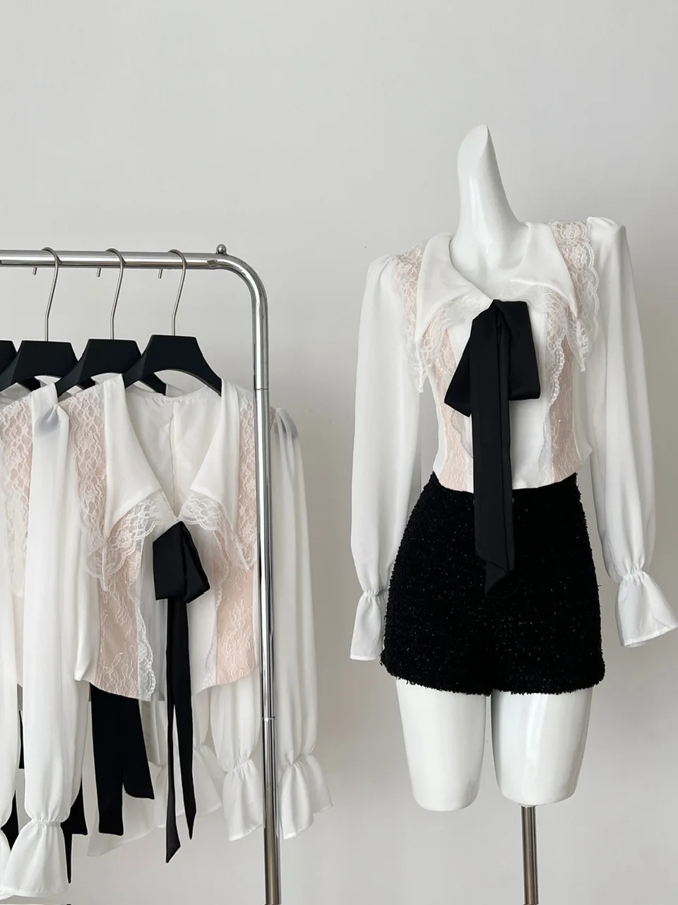 

White ort Long Sve V-Ne Lace irt Женский топ Faion Knot Vintage Sle Commute Корейская версия Slim Fit