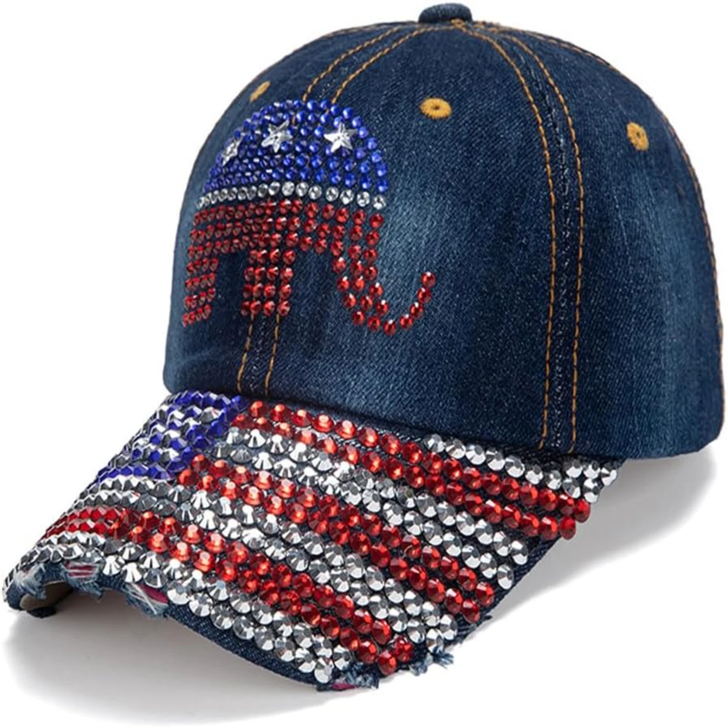 

Stylish and Distressed Denim Bling Rhinestone Hat with Flag Design - Adjustable and Unisex - Perfect Hat for Trump 2024 Baseball