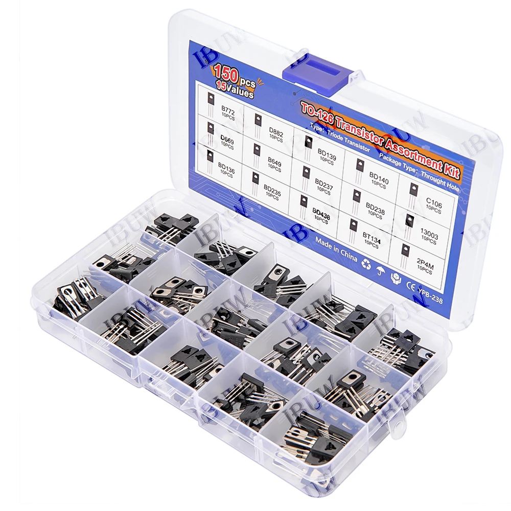 

Набор транзисторов TO-126, 150 шт., ассортимент: B772, D882, BD139, BD140, C106, D669, B649, D237, D238, 13003, BD136, BT134, 2P4M, BD235, BD438