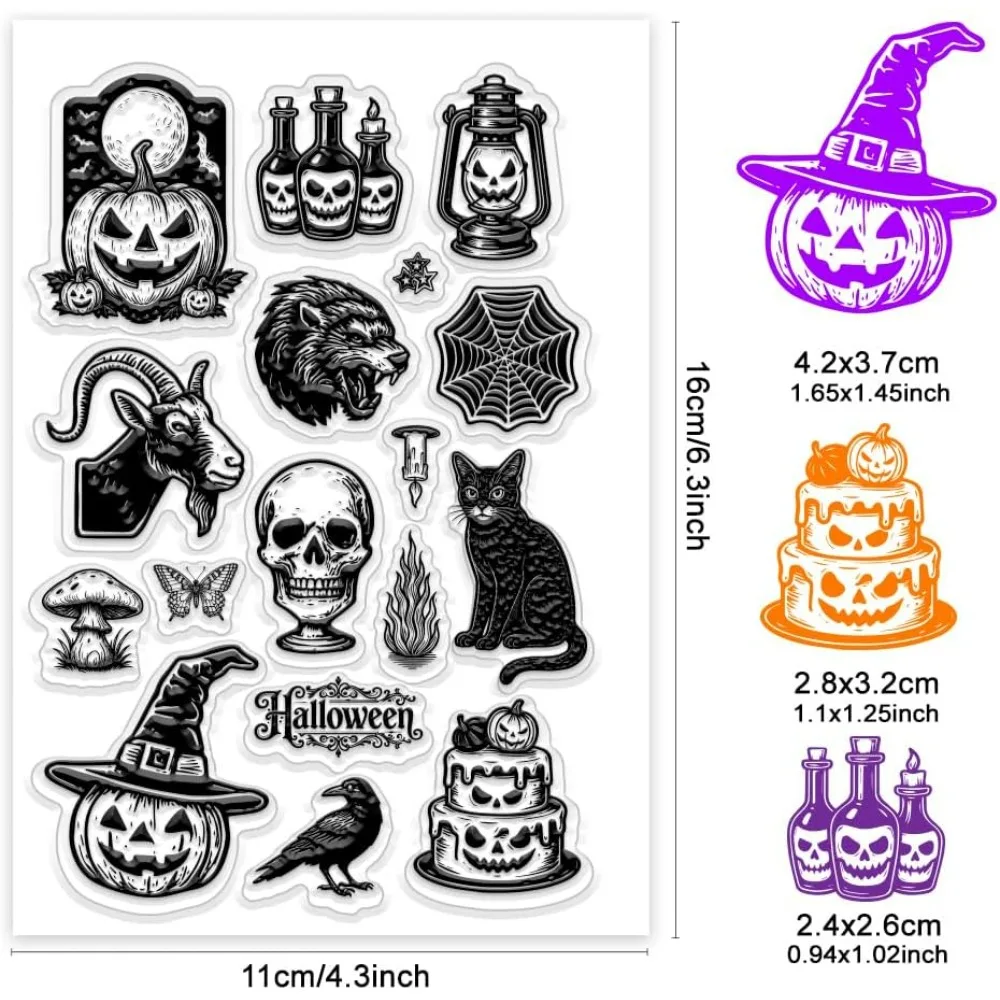 1 Sheet Clear Stamp Skulls Pumpkins Crows Black Cat Transparent Rubber Stamps Reusable Clear Stamp Seals for Card