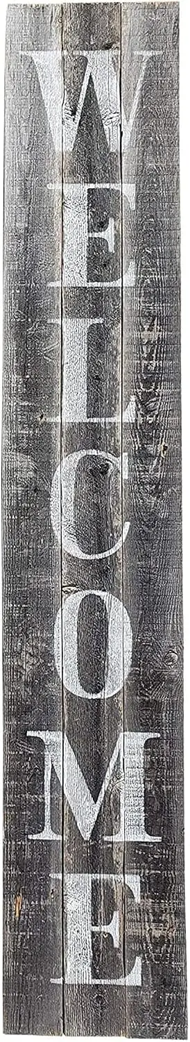 Reclaimed Wood Vertical Welcome Sign Indoor Outdoor Grey White Lettering