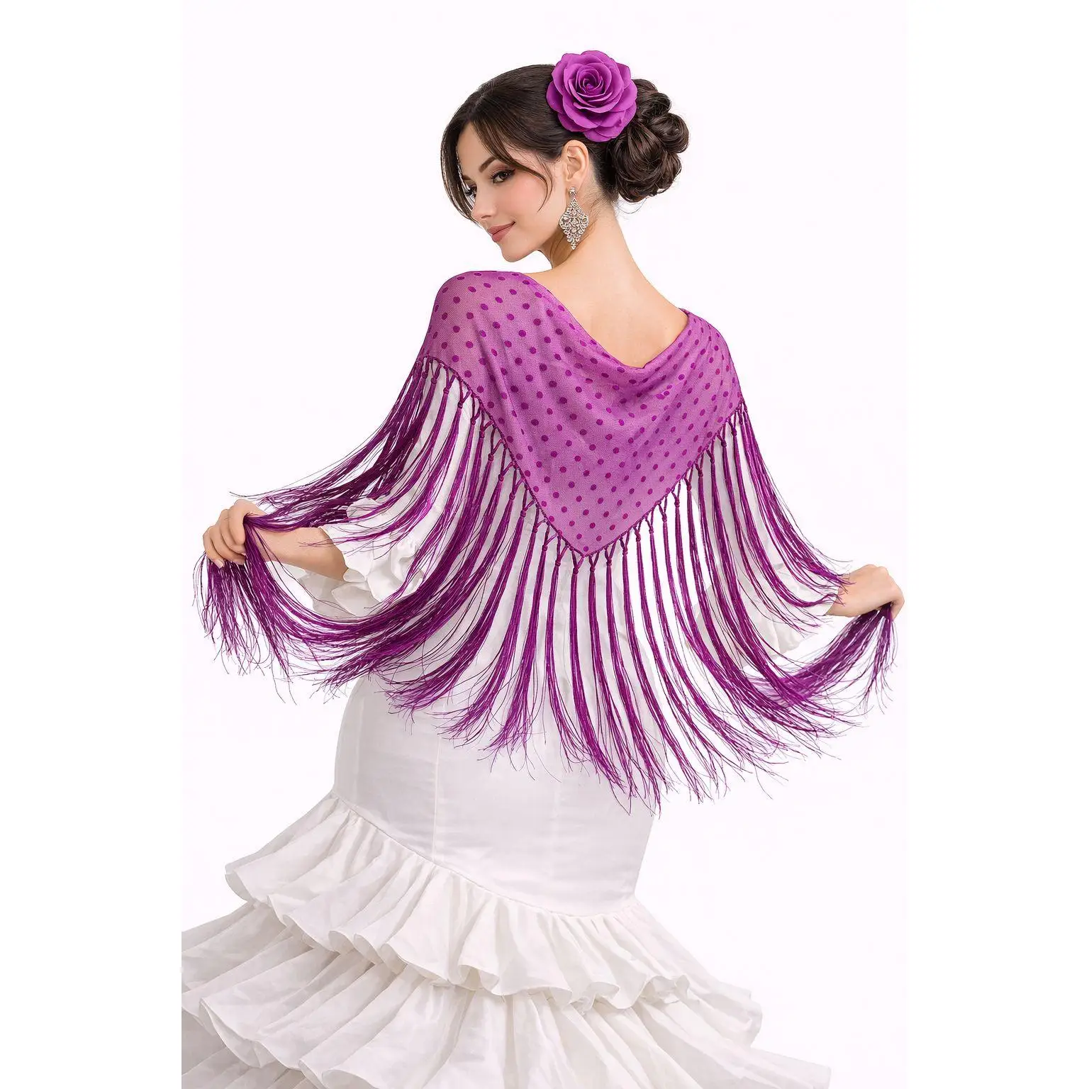Mantón Flamenco Buganvilla con plumeti y Flecos Largos – Chal para Traje de Flamenca, Feria y Eventos