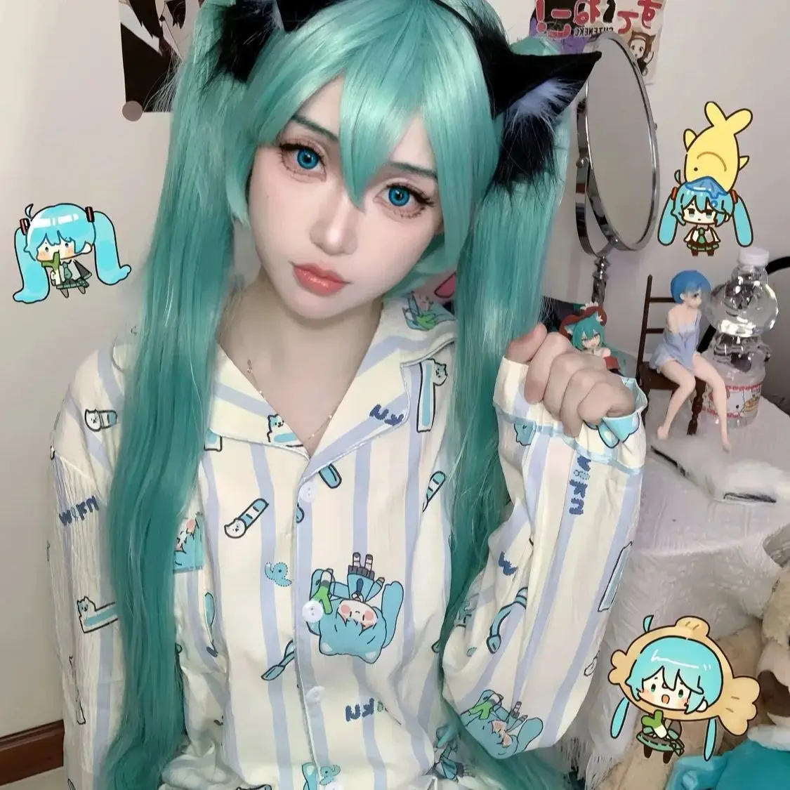 2-teiliges Hatsune Miku Damen-Pyjama-Set, Mintgrün, Cartoon-Print, Revers, Langarmhose, weiche Anime-Loungewear, Schlafanzug für Mädchen