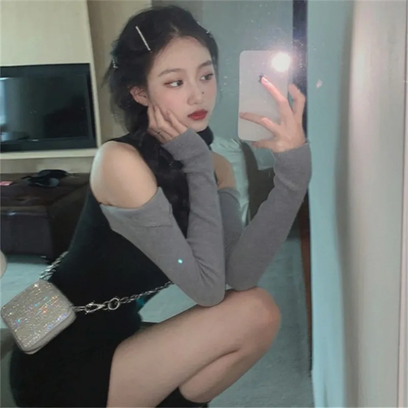 hong-kong-sle-color-blo-knitted-ort-skirt-sexy-long-sve-oulderl-design-women's-dr-bodycon-waist-cinched-summ