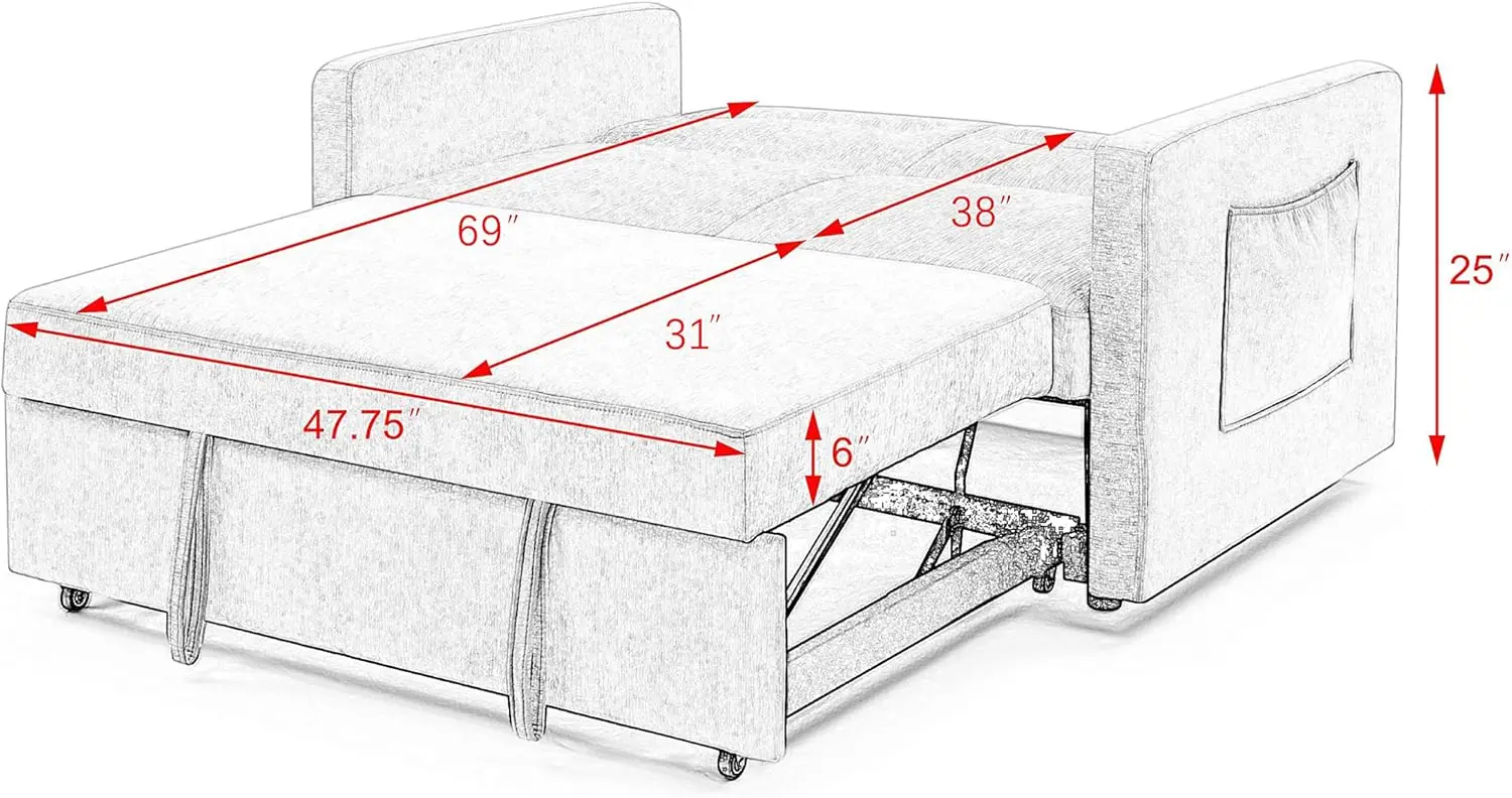 Homssof-Loveseat Sofá-cama com pull-out cama, ajustável de volta, dois braço bolso, cinza sofá, 54,5 "x 33" x 31,5"