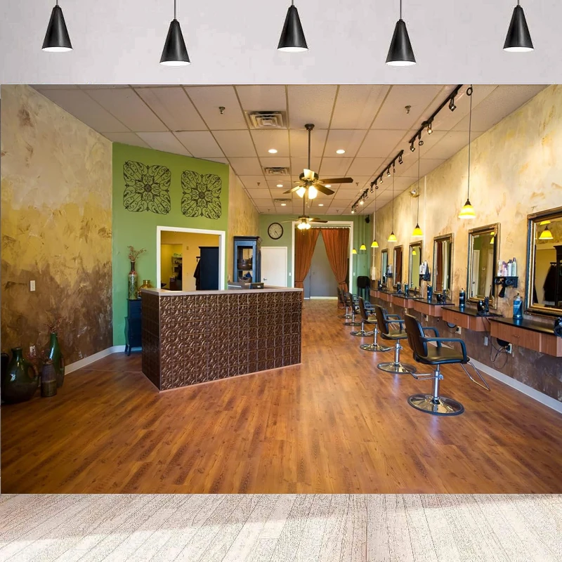 

Vintage Barber Shop Photography Backdrop Haircut Barber Chair Mirror Interior of Hair Salon Background Wall Poster Party Decor