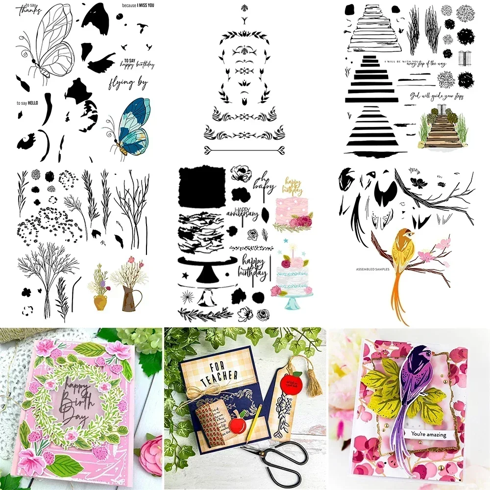 Timbres et matrices de découpe en forme de papillon ailé, de brindilles et de vaporisateurs pour gâteaux d'anniversaire, pour scrapbooking DIY et fabrication de cartes