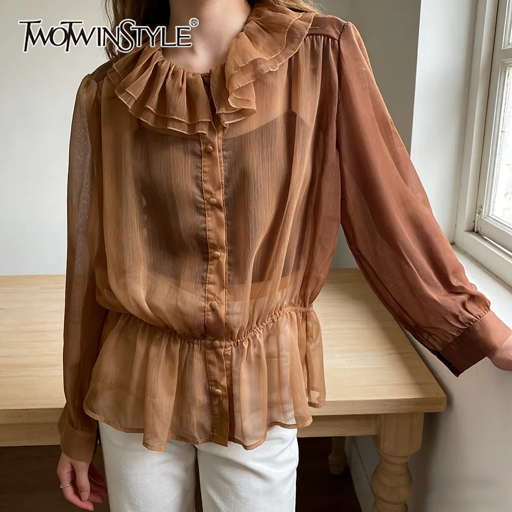 

TWOTWINSTYLE Solid Spliced Fungus Chic Shirt Female Ruffled Long Sleeve Loose Elegant Sheer Women's Shirts Autumn Fashion New
