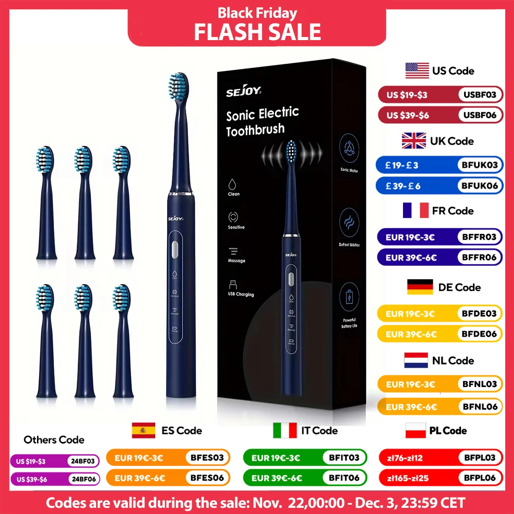 Sejoy Electric Sonic Toothbrush USB Rechargeable with 6 Replacement Heads 3 Gears Long Battery Life Tooth Brush