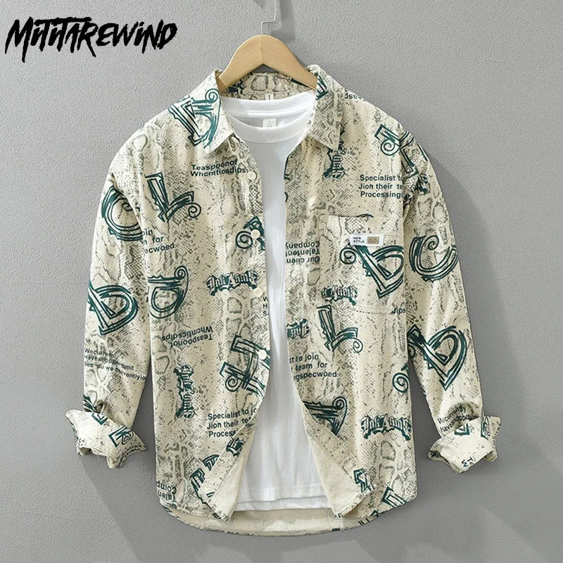 

Japanese Streetwear Men Printed Shirts Casual New Fashion Mens Long Sleeve Shirt Pocket Pure Cotton Button Shirt Loose Top Youth