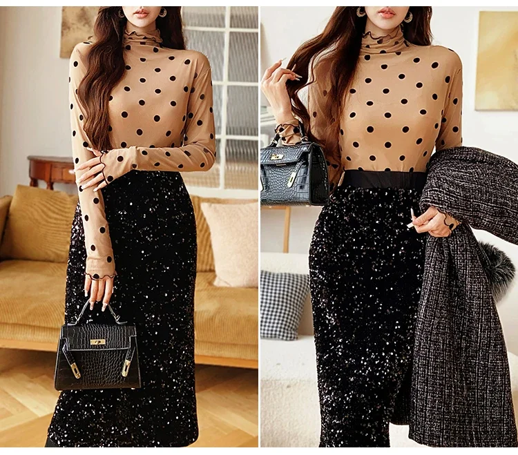 French Elegance Temperament Commuter Black Skirts Sequined Elastic High Waist Slim Fit Split All-macthed Long Skirt Women Autumn