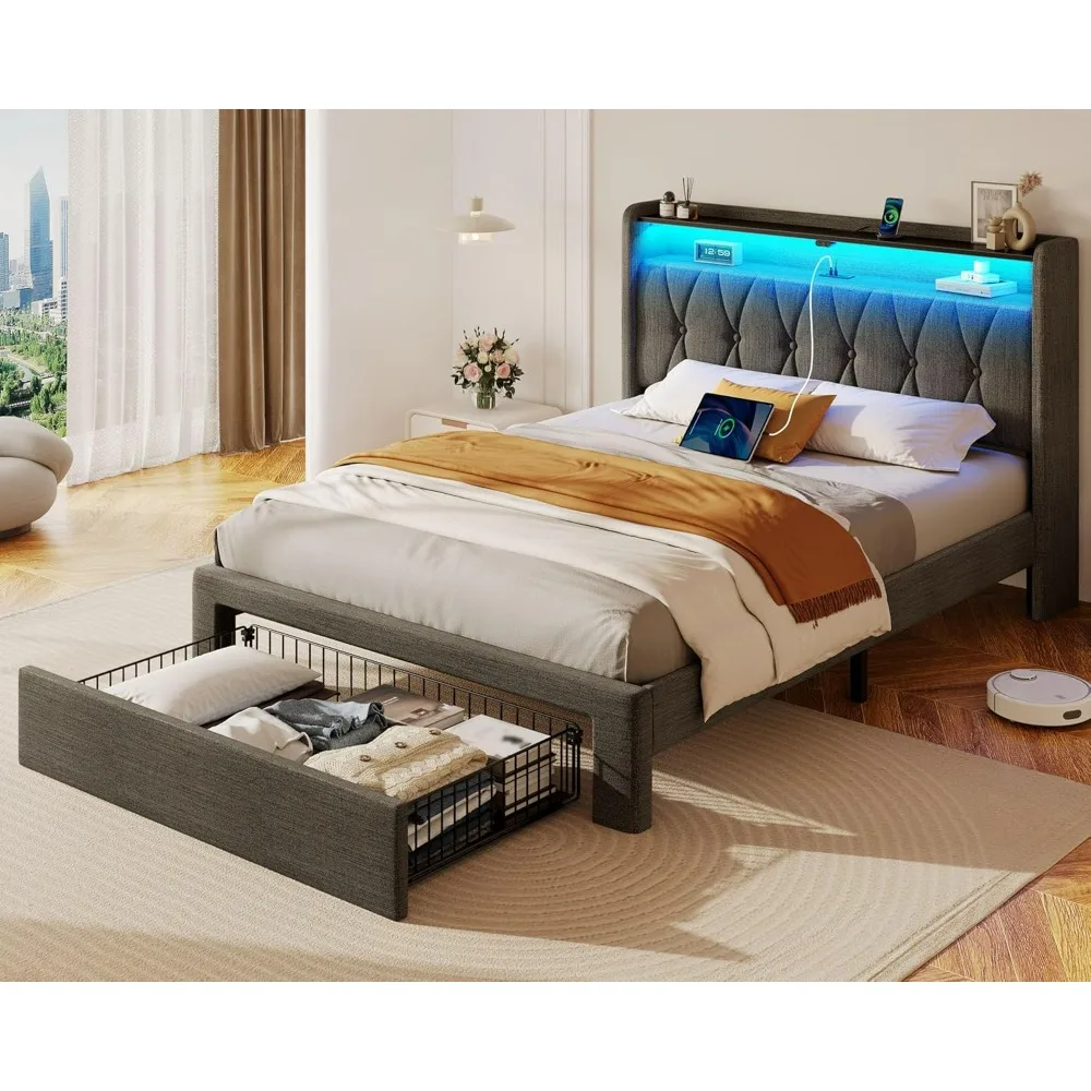 bed.Twin Bed Frame with Drawer, Storage Headboard with Charging Station and LED Lights, Upholstered Bed with Heavy Duty Wood