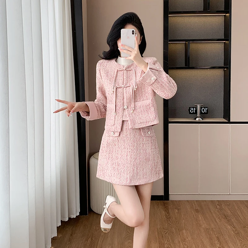 Autumn Winter Elegant pink Tweed 2 Piece Set Women Long Sleeve Woolen Jacket Short Coat Mini Skirts Suits Fashion Two Piece Set