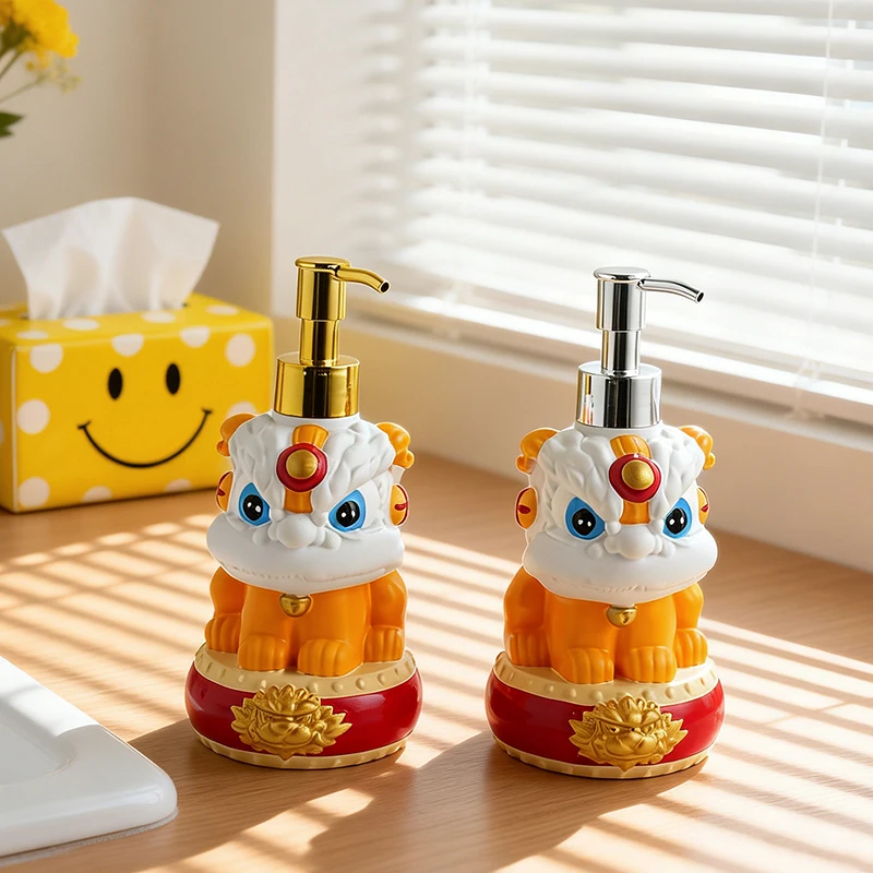 Novelty Chinese Lion Dance Shaped Resin Soap Dispenser Refillable Lotion Pump Bottle for Bathroom Sink Table Decor Ornament