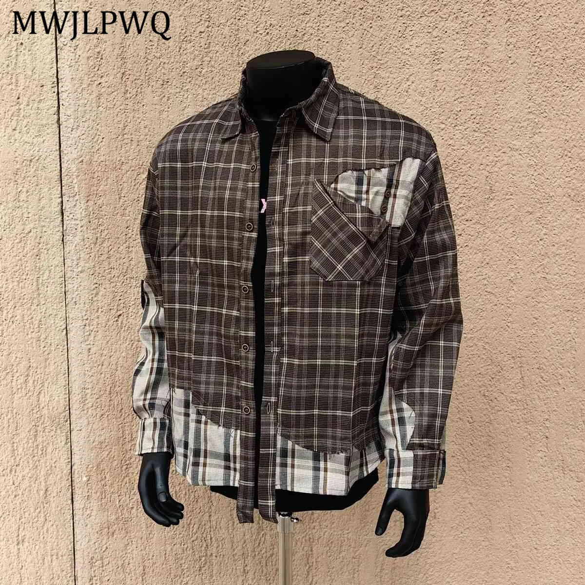 

MWJLPWQ Irregular Plaid Patchwork Color-Block Long Sleeve Shirt Male Lapel Long Sleeve Autumn Cleanfit Casual Tops Trendy 11162
