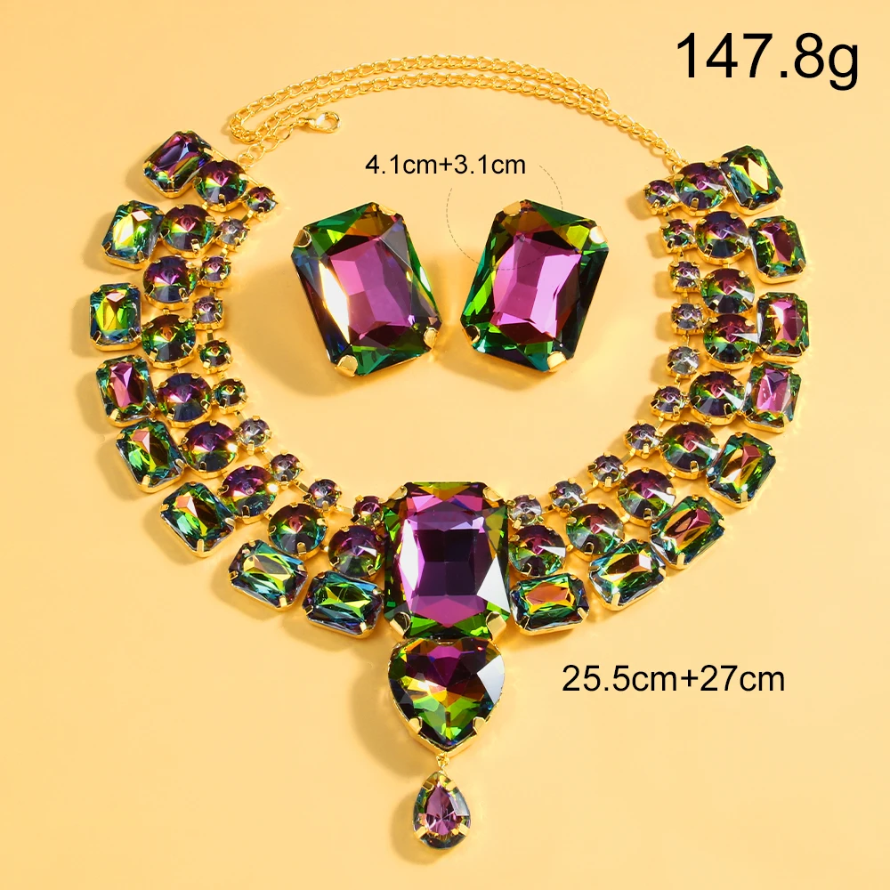 Stonefans Colorful Exaggerate Necklace Earrings Set Chunky Accessories Geometric Rhinestone Nigerian Jewelry Set Wedding Gift