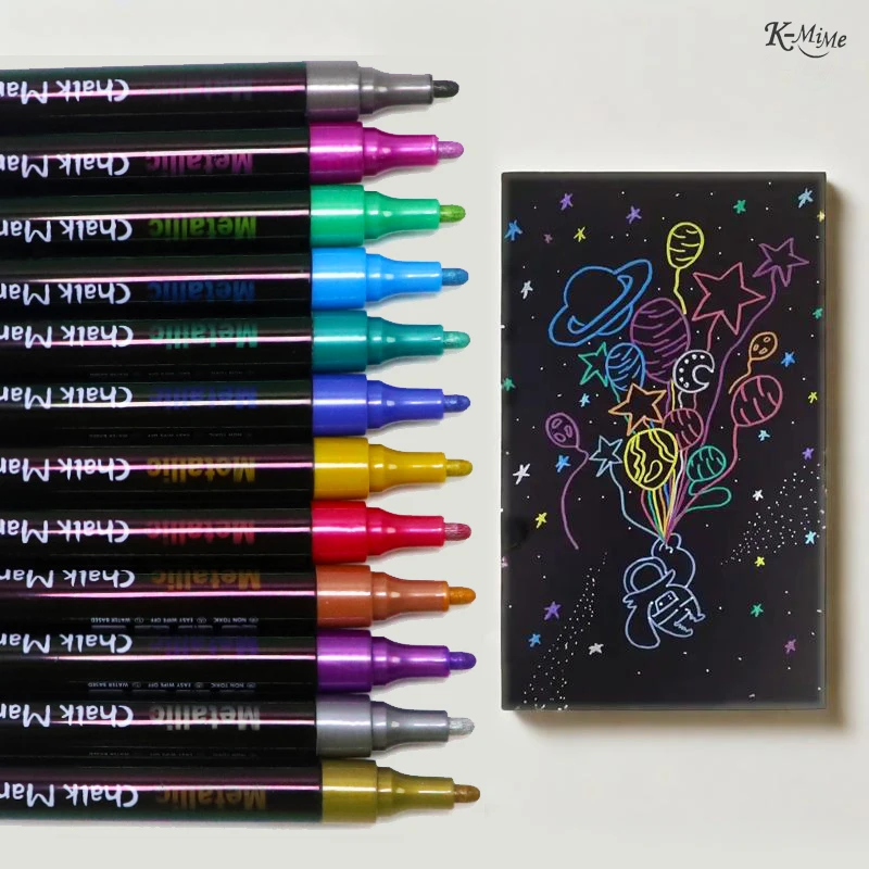 12 Colored Removable Metallic Liquid Chalk Marker Pen Set for Blackboard LED Board Glass Ceramics