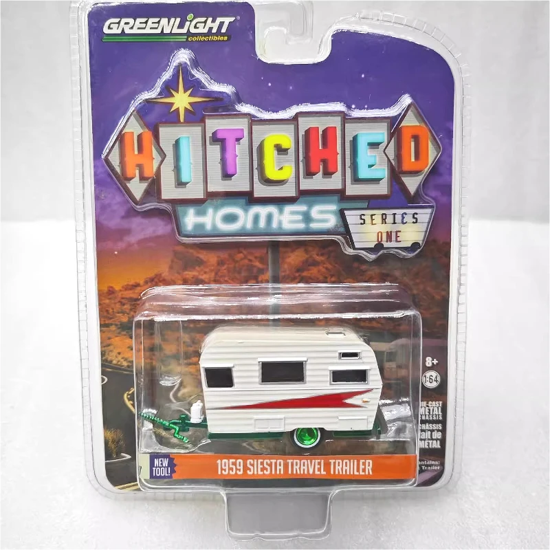 

GreenLight 1:64 1959 Siesta Travel Trailer Camping Wagon Case,Green Machine Diecast Alloy Car Model Collectible Gift