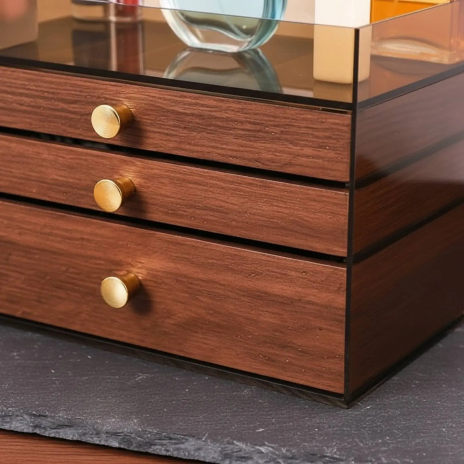 Multi-Tier Jewelry Organizer Clear View Lid Jewelry Storage Case with Compartments Wood Grain Storage Box Vintage Design