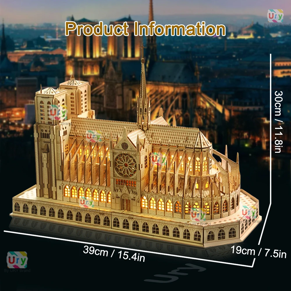 3D Wooden Puzzle Notre Dame Cathedral in Paris Royal Castle With Light Assembly Kits For Adult DIY Model Decoration for Gifts